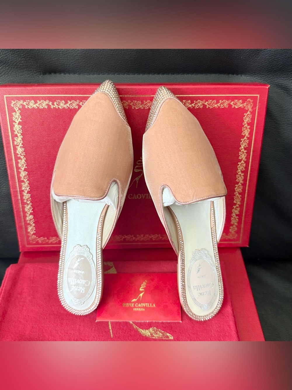 NIB Rene Caovilla Phard Velvet and Crystal Mules Slippers Vintage Rose Sz 35
